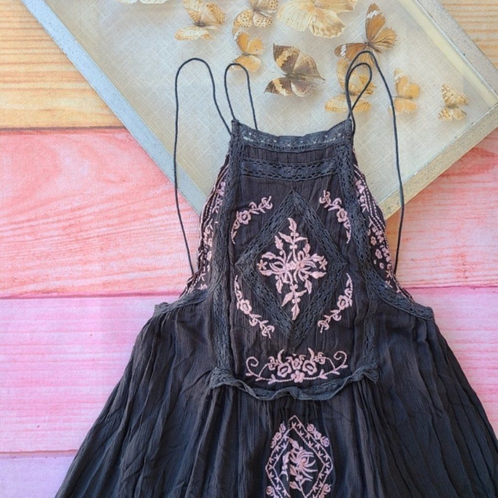 Free People Diamond In The Sky Floral Embroidered Strappy Boho Midi Dress XS‎ - Picture 5 of 10